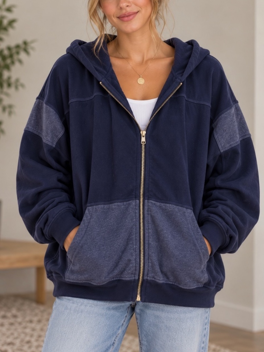 Wildfox Full Zip Hoodie Womens Size XS Blue Gray Oversized Comfy Grunge